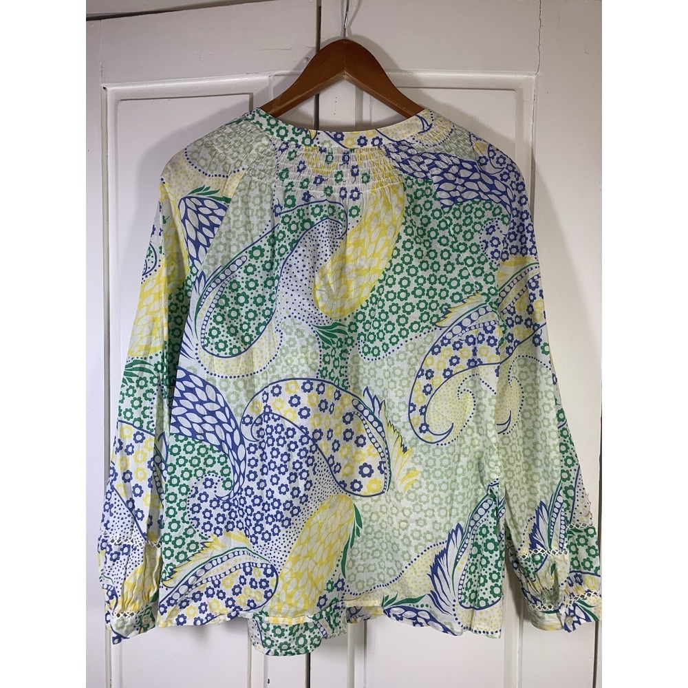 Talbots‎ Shirt Women Small Paisley Smocking Yellow Peasant Button Crochet Boho - Picture 3 of 12